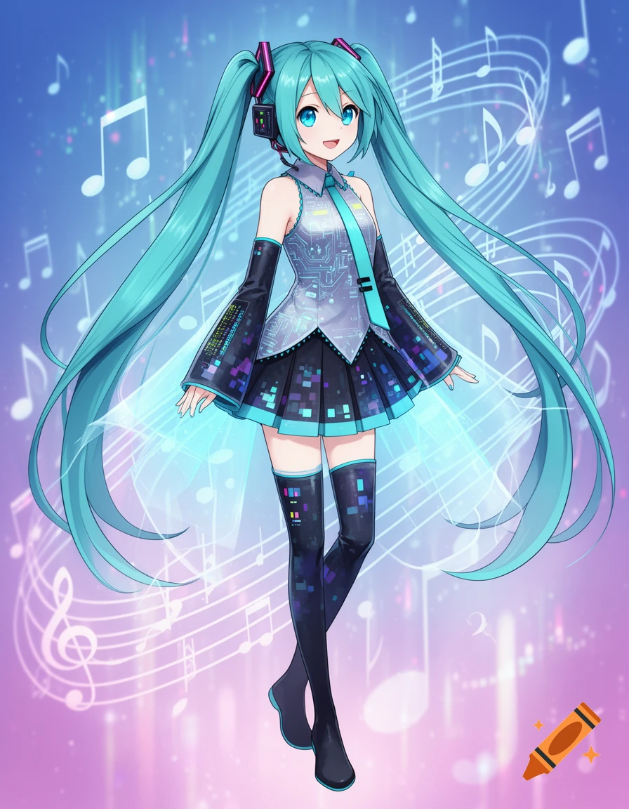 Anime character Hatsune Miku in a futuristic dress with circuit patterns, surrounded by glowing musical notes.