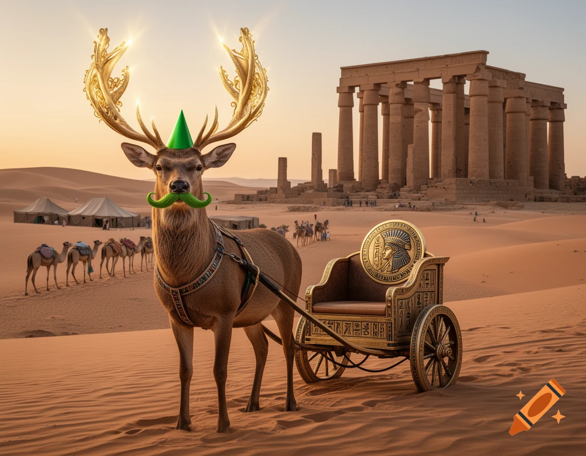 A whimsical deer with glowing golden antlers, a green party hat, and a green mustache pulls an ornate Egyptian chariot through a desert with ancient ruins and a camel caravan.