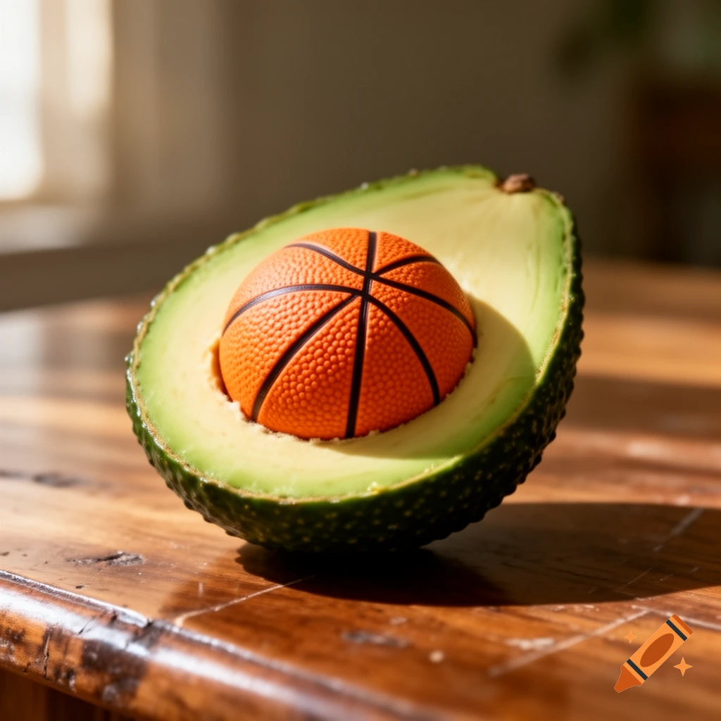 A small orange basketball sits perfectly nestled in the pit hollow of a halved green avocado on a wooden table.