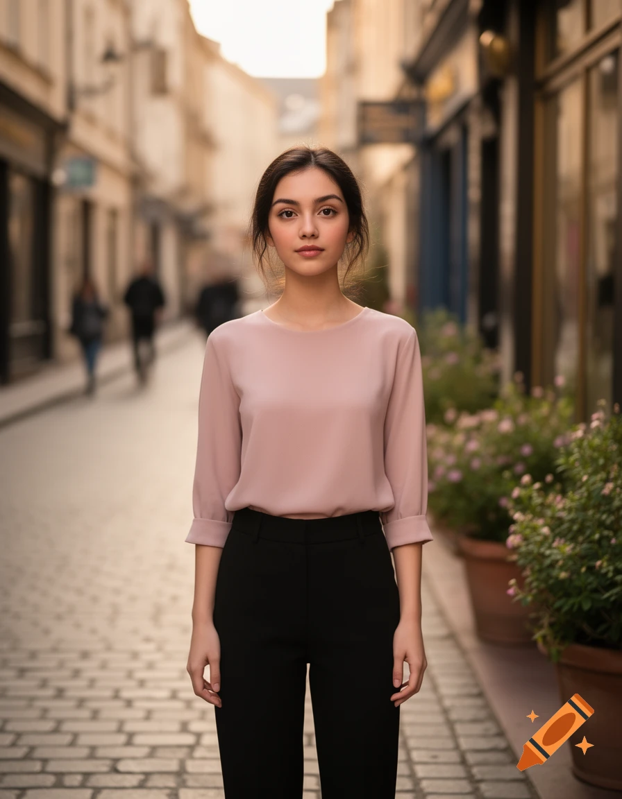 A young woman in a pink blouse and black pants stands centered in a blurred European street lined with shops and plants.