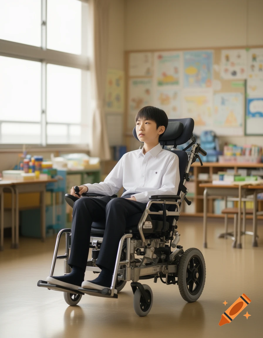 A photo-realistic image of a Japanese male student in a white shirt and dark pants, sitting in a reclining electric wheelchair in a classroom.