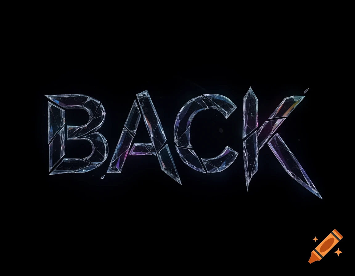 The word 'BACK' rendered as shattered, reflective glass shards on a dark background.