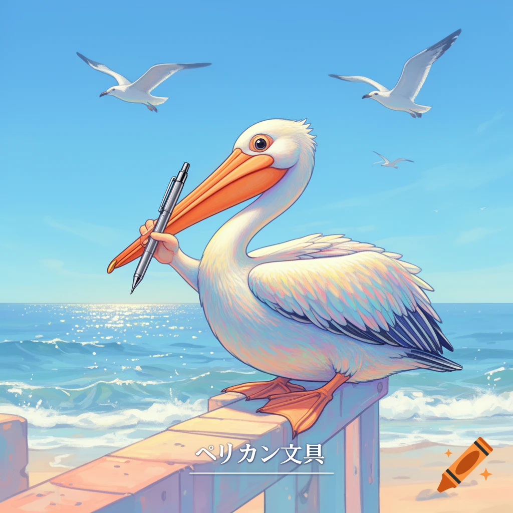 Cartoon white pelican holds a mechanical pencil on a beach railing, with seagulls flying under a clear blue sky. Stylized illustration.