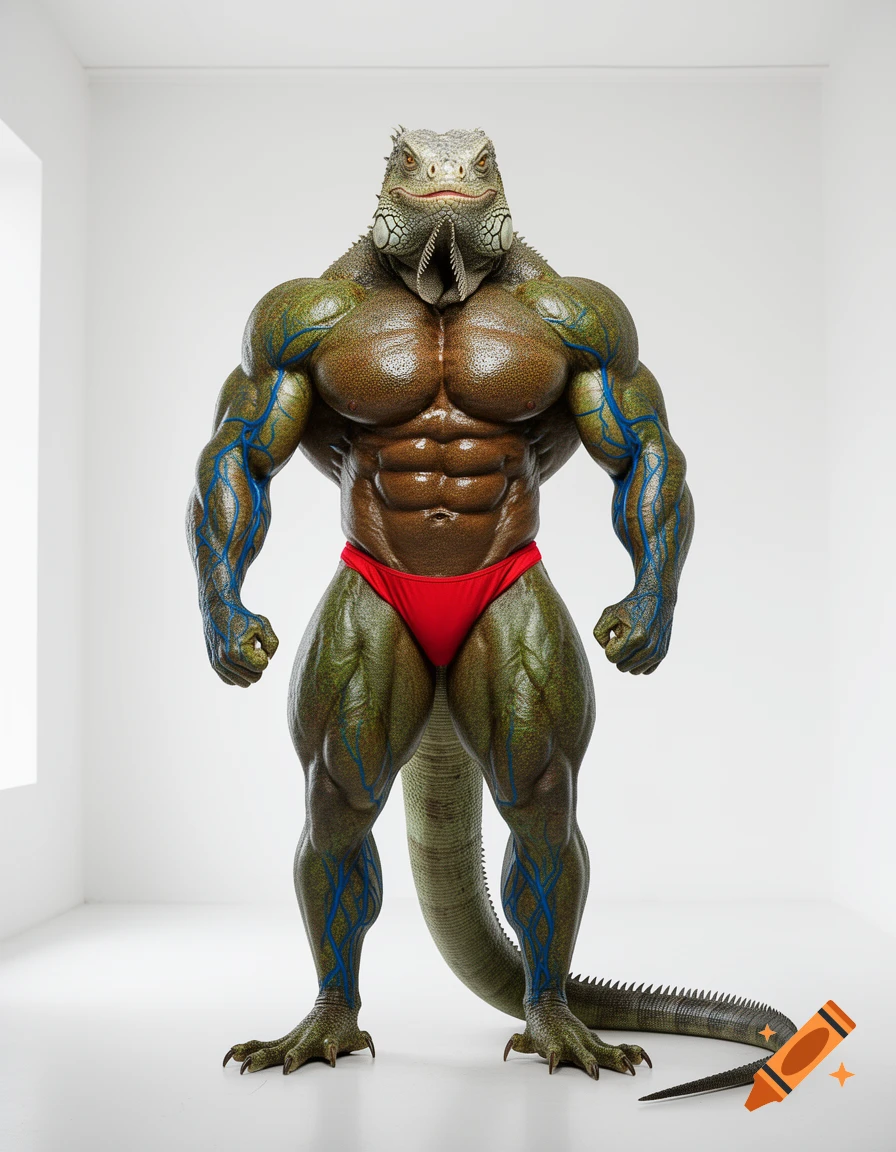 A hyper-muscular anthropomorphic iguana bodybuilder in red posing briefs stands in a well-lit white room, looking arrogant.