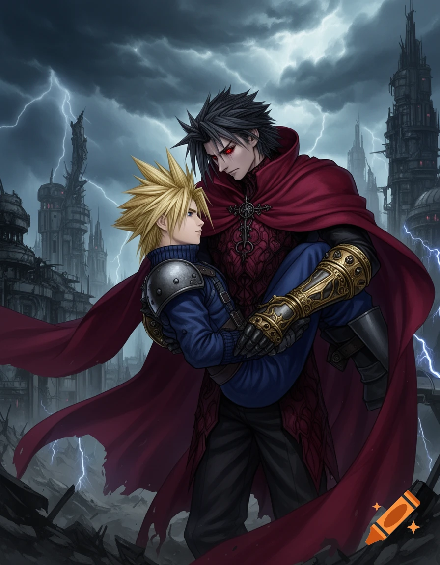 Vincent Valentine carries Cloud Strife bridal style against a stormy, gothic city backdrop, in an anime-style illustration.