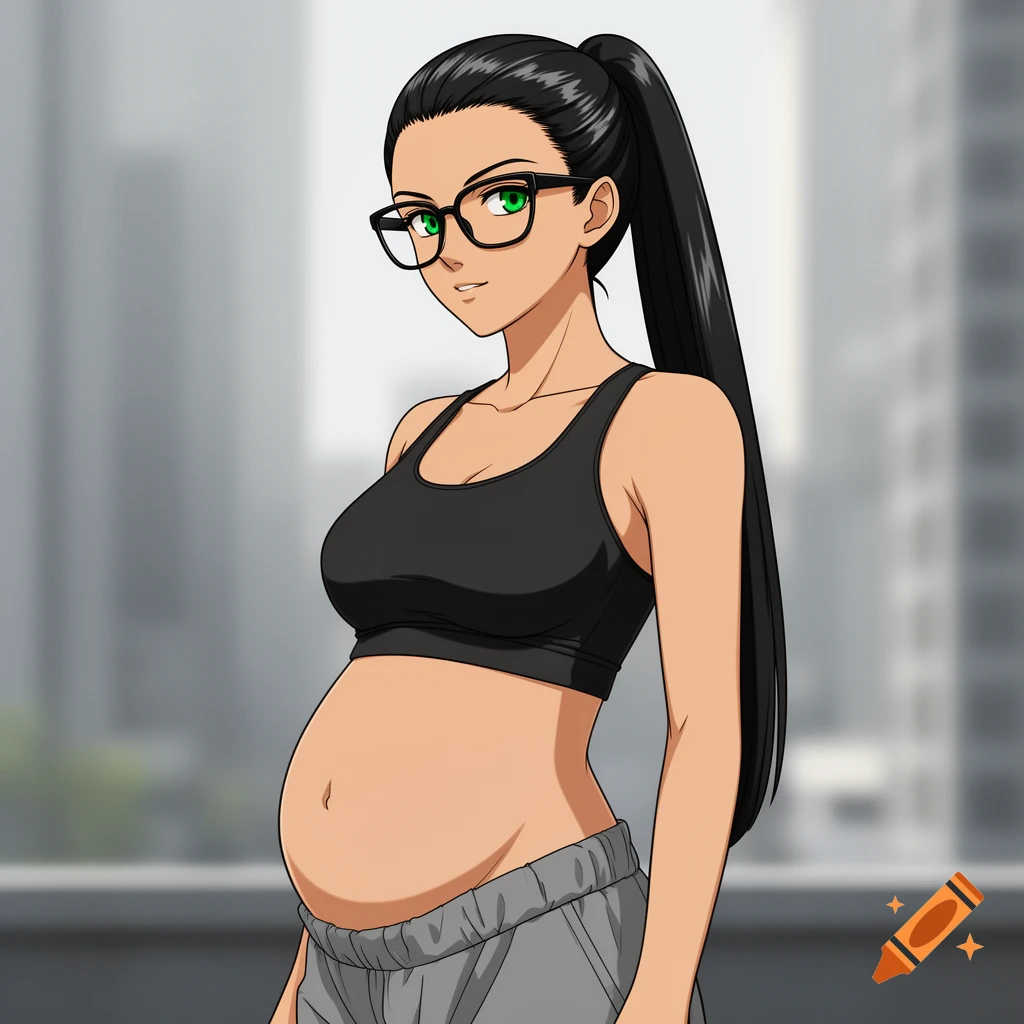 Y2K anime drawing of a pregnant woman with black hair, green eyes, and glasses, wearing a sports bra and sweatpants.