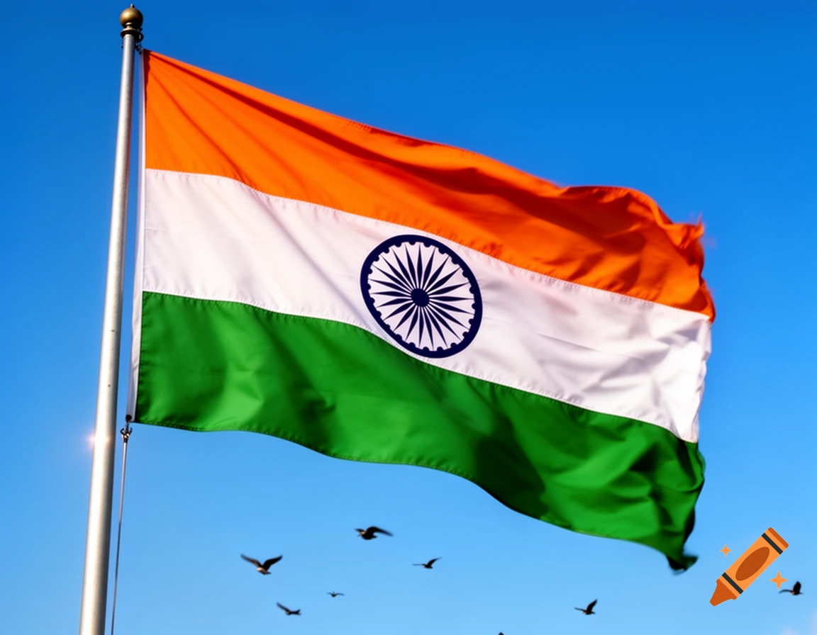 The Indian flag, a tricolor of orange, white, and green with the Ashoka Chakra, waves against a clear blue sky with birds.
