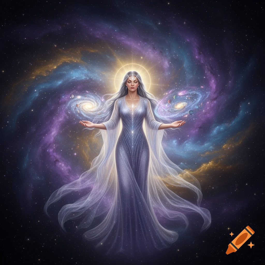 Ethereal goddess with silver hair, radiating light, stands with outstretched arms against a vibrant cosmic backdrop of swirling galaxies.
