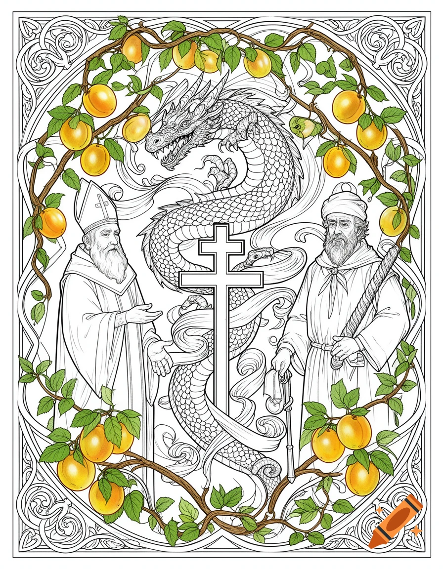 Coloring page with a bishop, a bearded man, a dragon, and a Cross of Lorraine, framed by mirabelle plums.