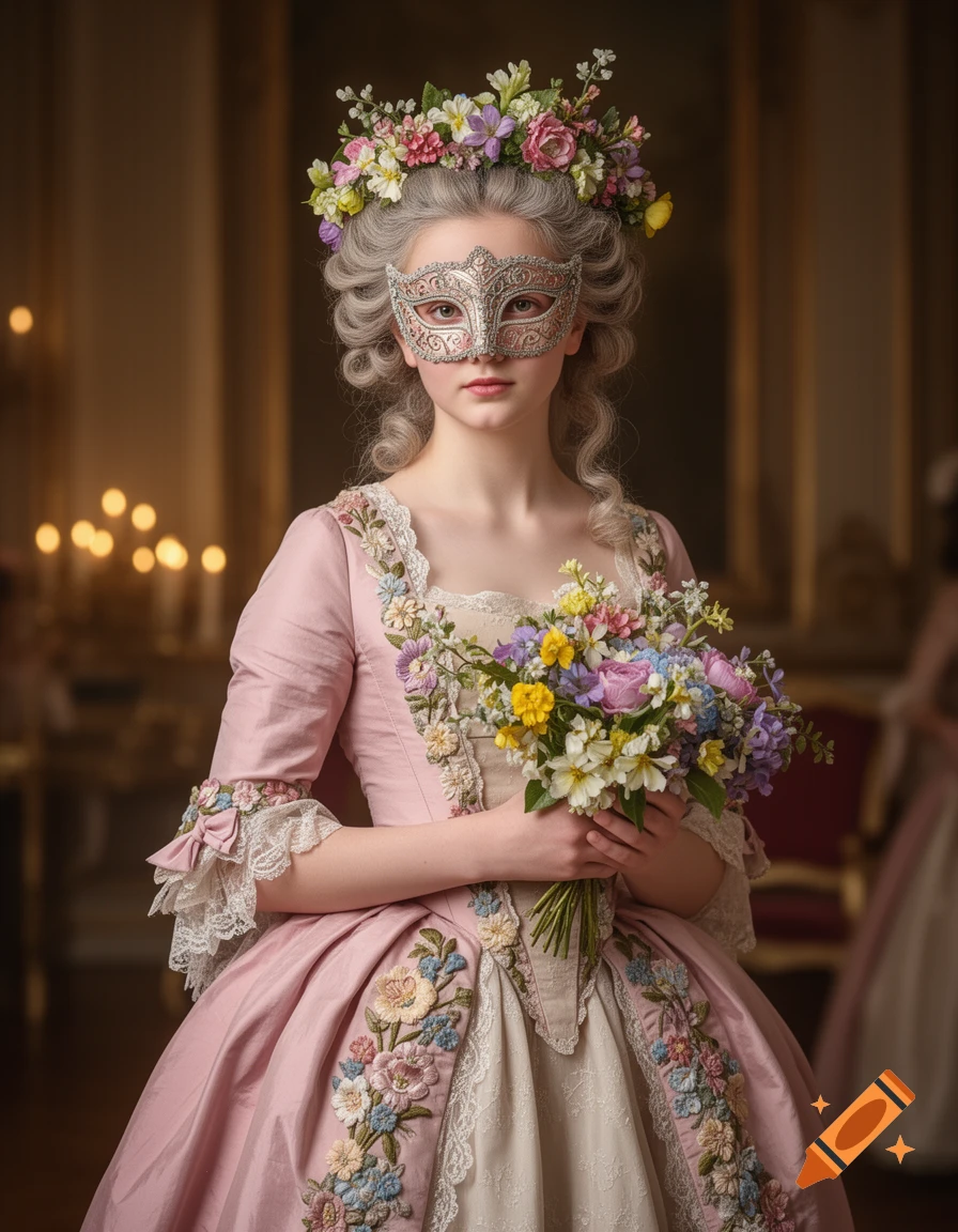 A young woman in a pink Rococo gown with embroidered flowers, a floral crown, and a silver masquerade mask, holding a spring bouquet.