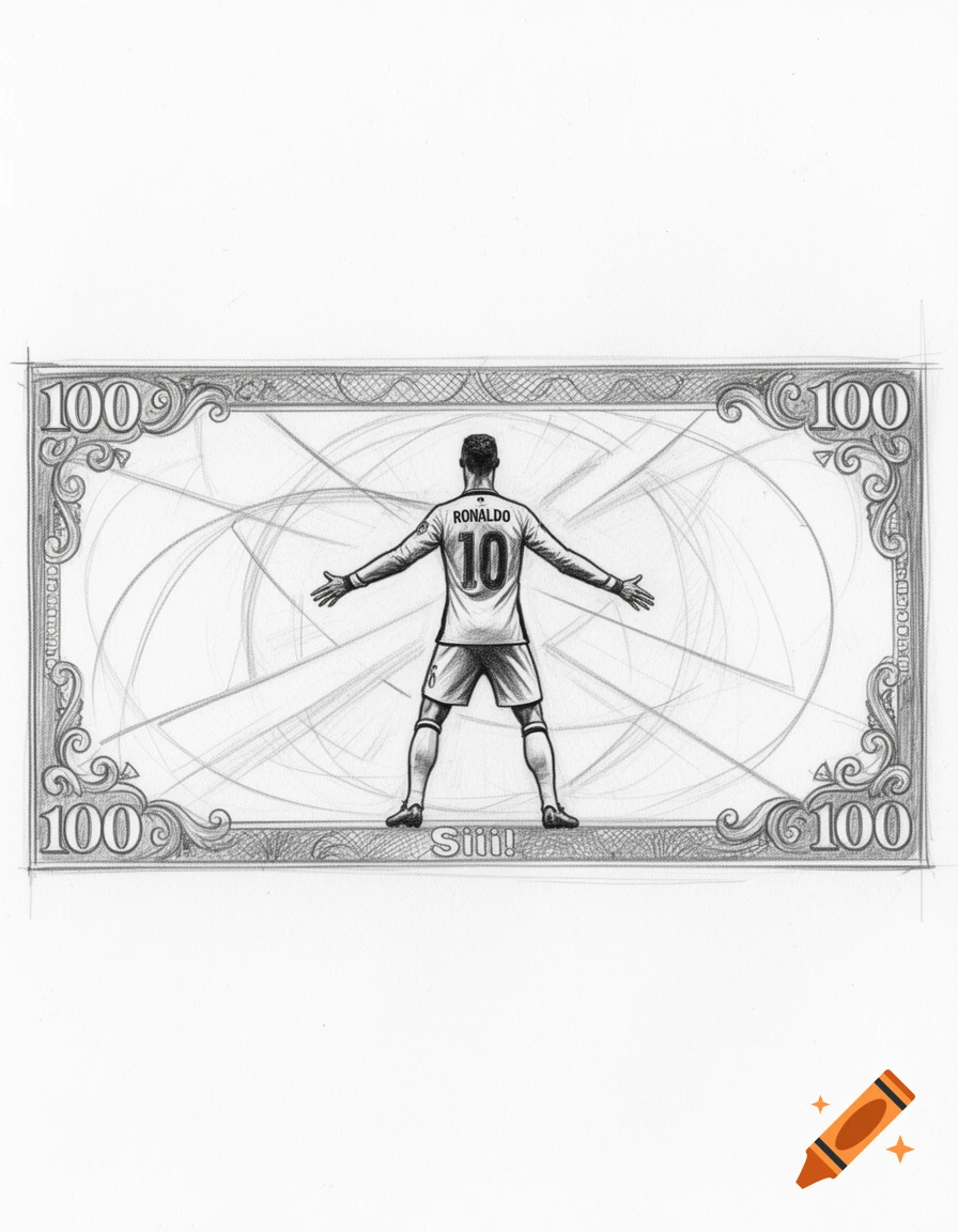 Pencil sketch of a 100-dollar bill design featuring Cristiano Ronaldo from behind in his "Siiiii" celebration pose, with "RONALDO" and "10" on his jersey, and "Siiii!" written below him.