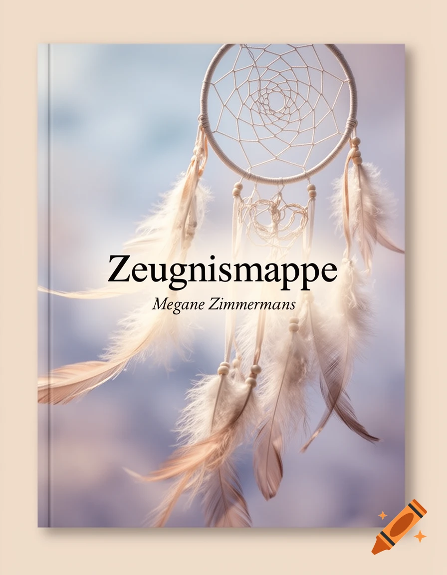 A white dream catcher with feathers on a book cover titled 'Zeugnismappe Megane Zimmermanns' against a soft sky background.