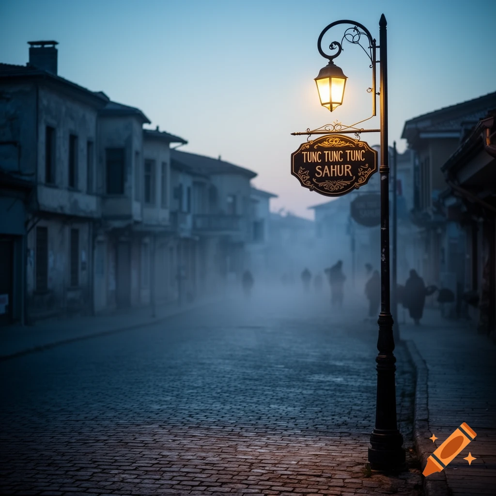 A misty cobblestone street at dusk, lit by a glowing lamppost with a sign reading 'TUNC TUNC TUNC SAHUR', old buildings line the sides.