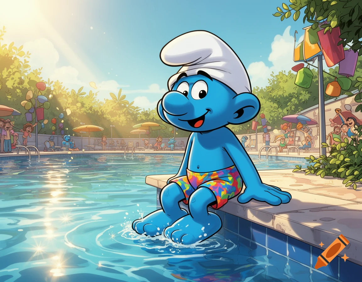 A blue Smurf character in colorful swim trunks sits at the edge of an outdoor swimming pool, dipping his feet on a sunny day in a comic book style.
