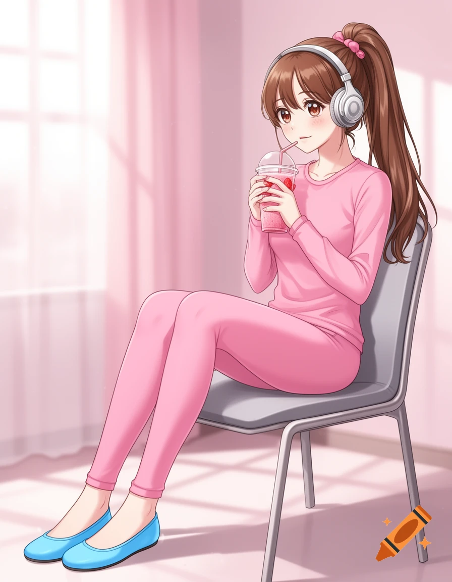 Anime girl with brown ponytail and headphones, wearing pink pajamas and blue flats, sitting on a chair drinking a strawberry smoothie.