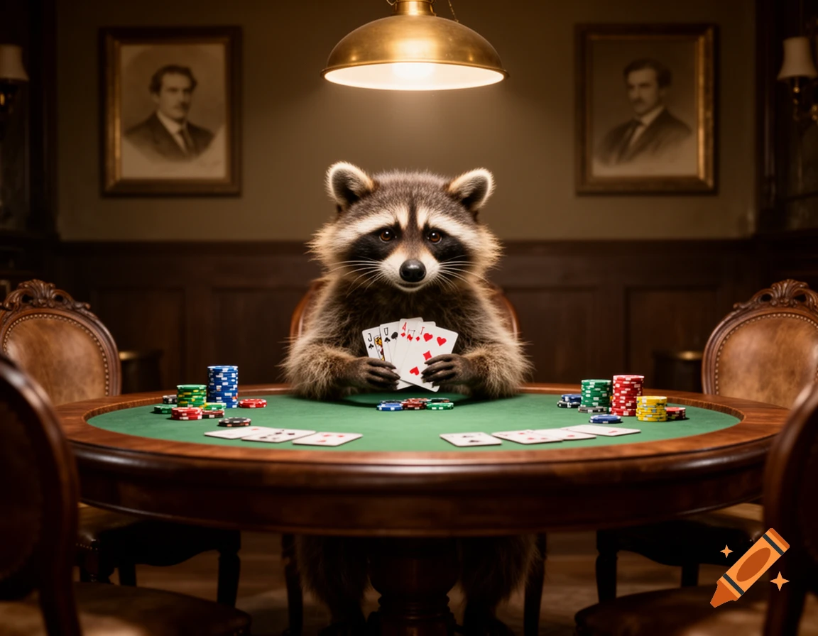 A photorealistic raccoon sits at a poker table, holding a hand of cards, with poker chips scattered around.