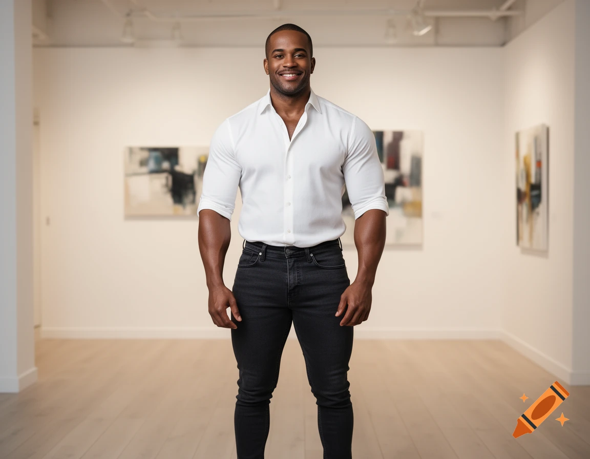 A smiling African American man in a white shirt and black jeans stands in an art gallery with abstract paintings.