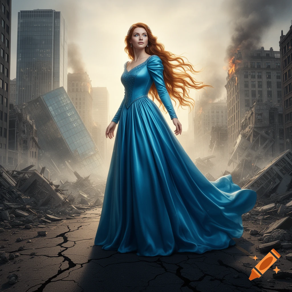 A giant red-haired princess in a shimmering blue gown stands in a devastated city with burning buildings and cracked ground.