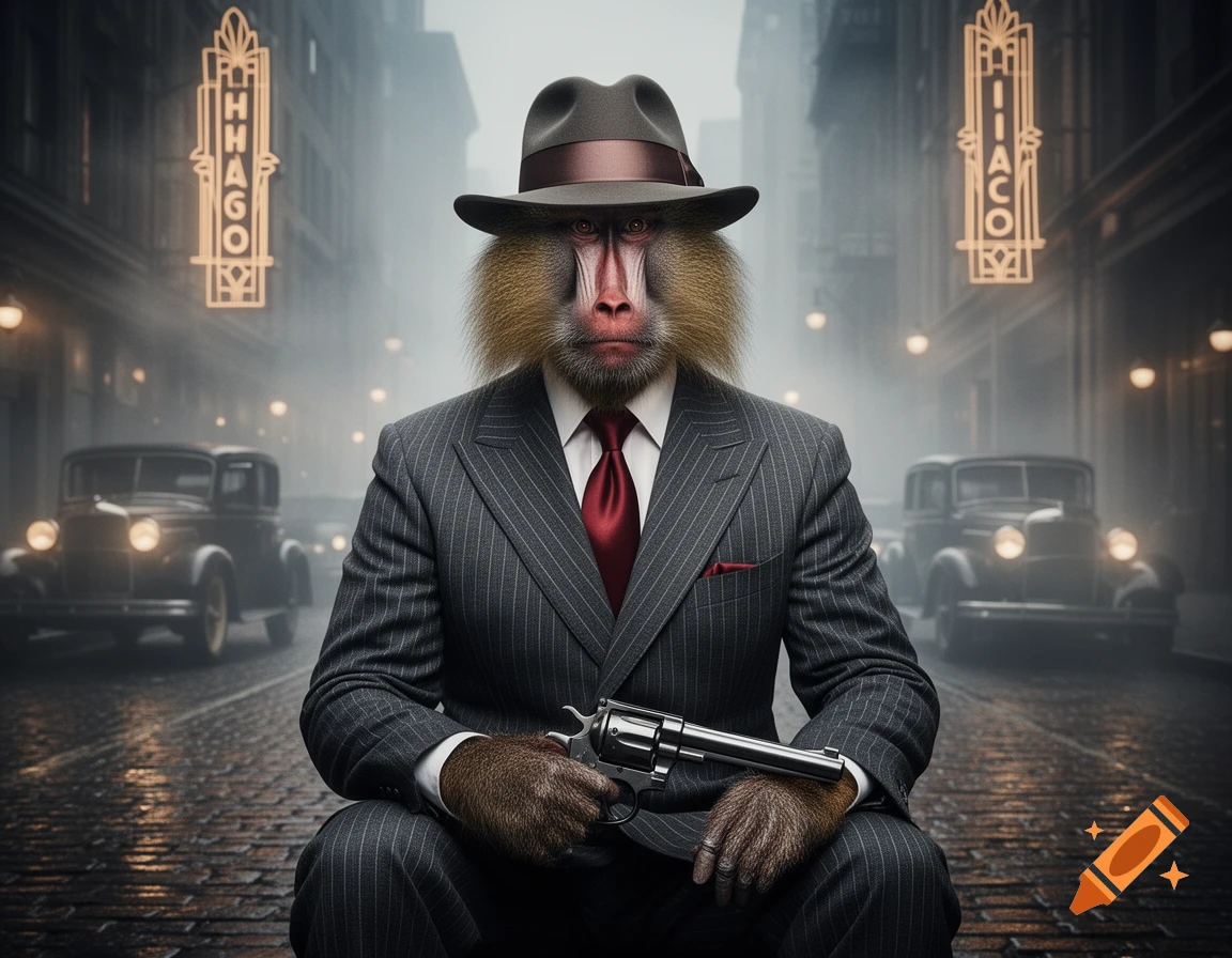 A serious hamadryas baboon in a pinstripe suit and fedora holds a revolver in a foggy 1930s city street with classic cars and neon signs.