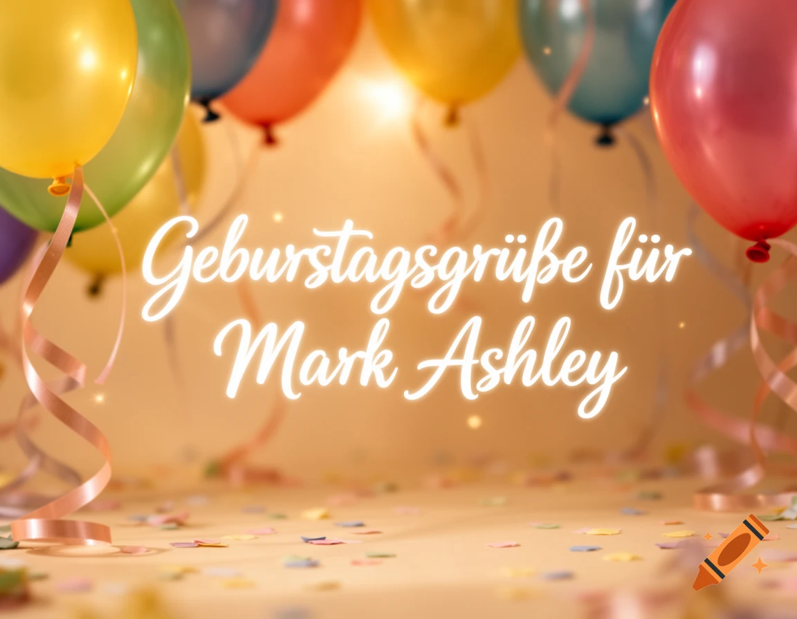 A birthday greeting card featuring colorful balloons, confetti, and ribbons on a warm background with the text "Geburtstagsgrüße für Mark Ashley".