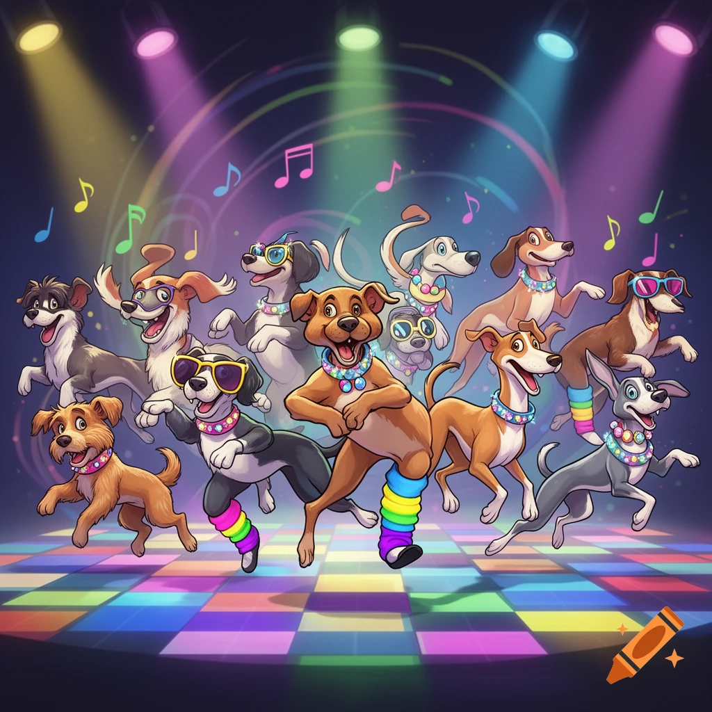 Cartoon dogs dancing on a colorful disco floor under spotlights, with musical notes floating around.