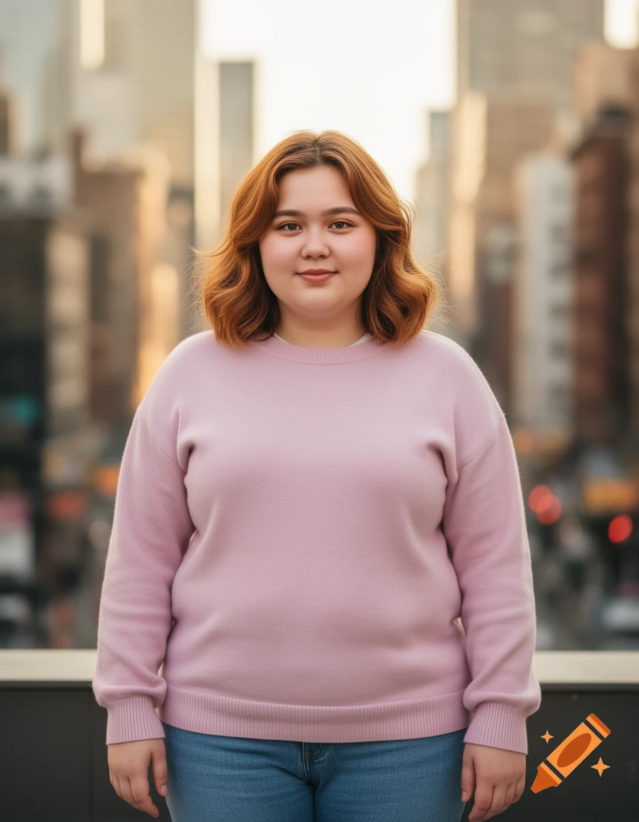 A photorealistic portrait of a person with reddish-brown hair in a pink sweater and jeans, standing against a blurred city background.