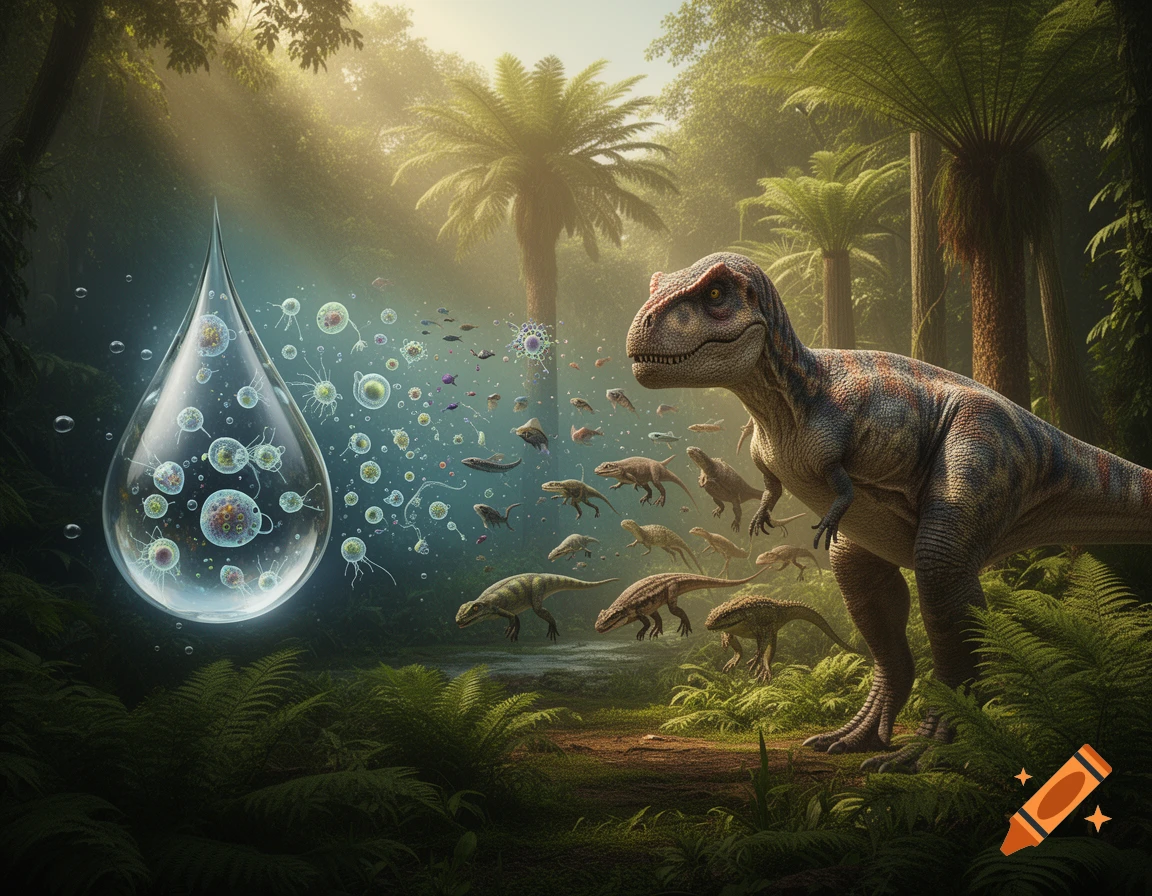Photorealistic image of a T-Rex in a prehistoric forest next to a glowing water droplet filled with microorganisms, with smaller creatures in between.