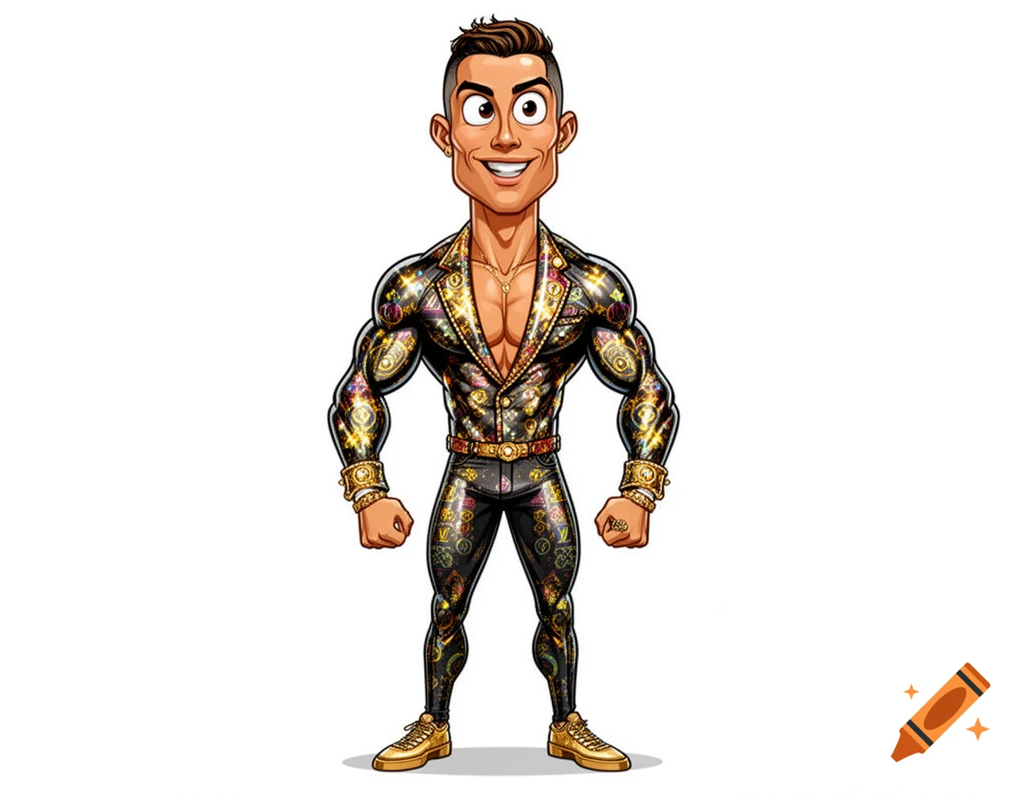 A muscular, exaggerated 2D cartoon of Cristiano Ronaldo in a shiny black and gold patterned suit and gold sneakers, smiling.