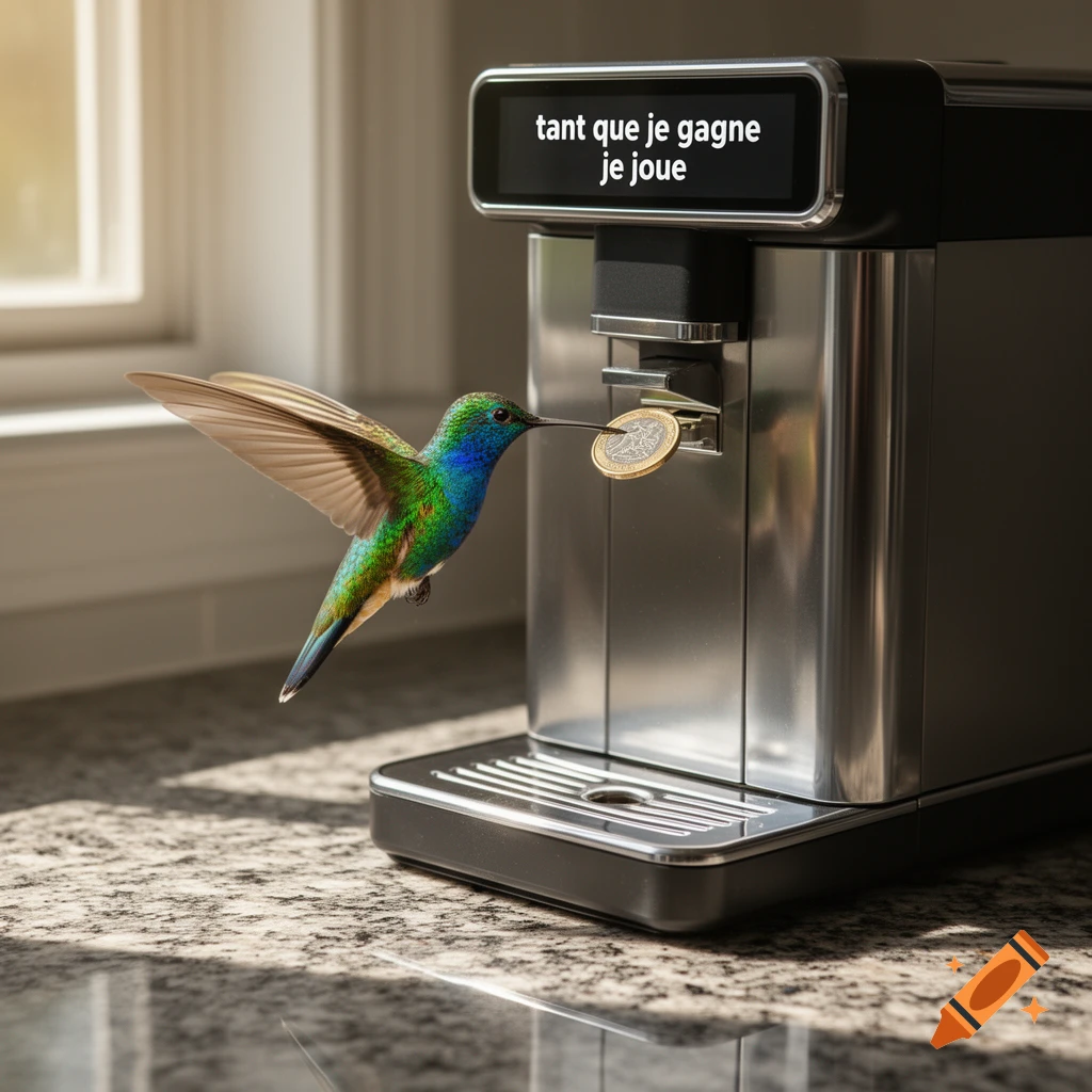 A colorful hummingbird inserts a Euro coin into a silver coffee machine displaying 'tant que je gagne je joue' in a bright kitchen.