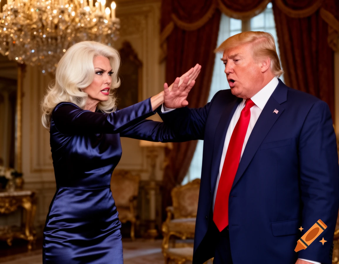 A blonde woman in a blue dress pushes away Donald Trump, who wears a suit, in a luxurious room.