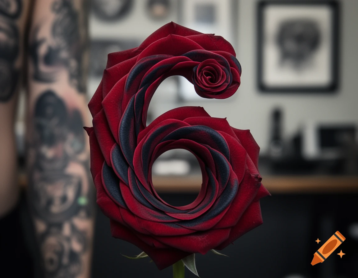 A red and black rose shaped like the number 6, with a blurred background featuring a tattooed arm.