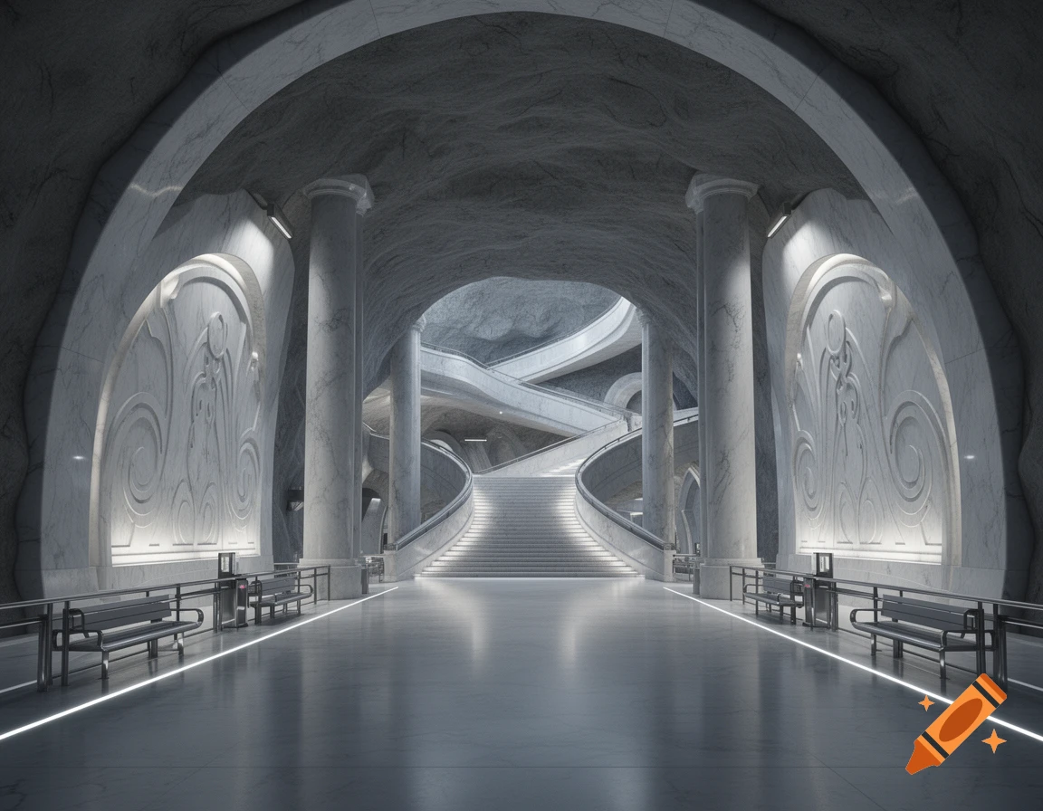 A vast, photorealistic underground station with grand arches, marble-like columns, sweeping illuminated staircases, and benches.