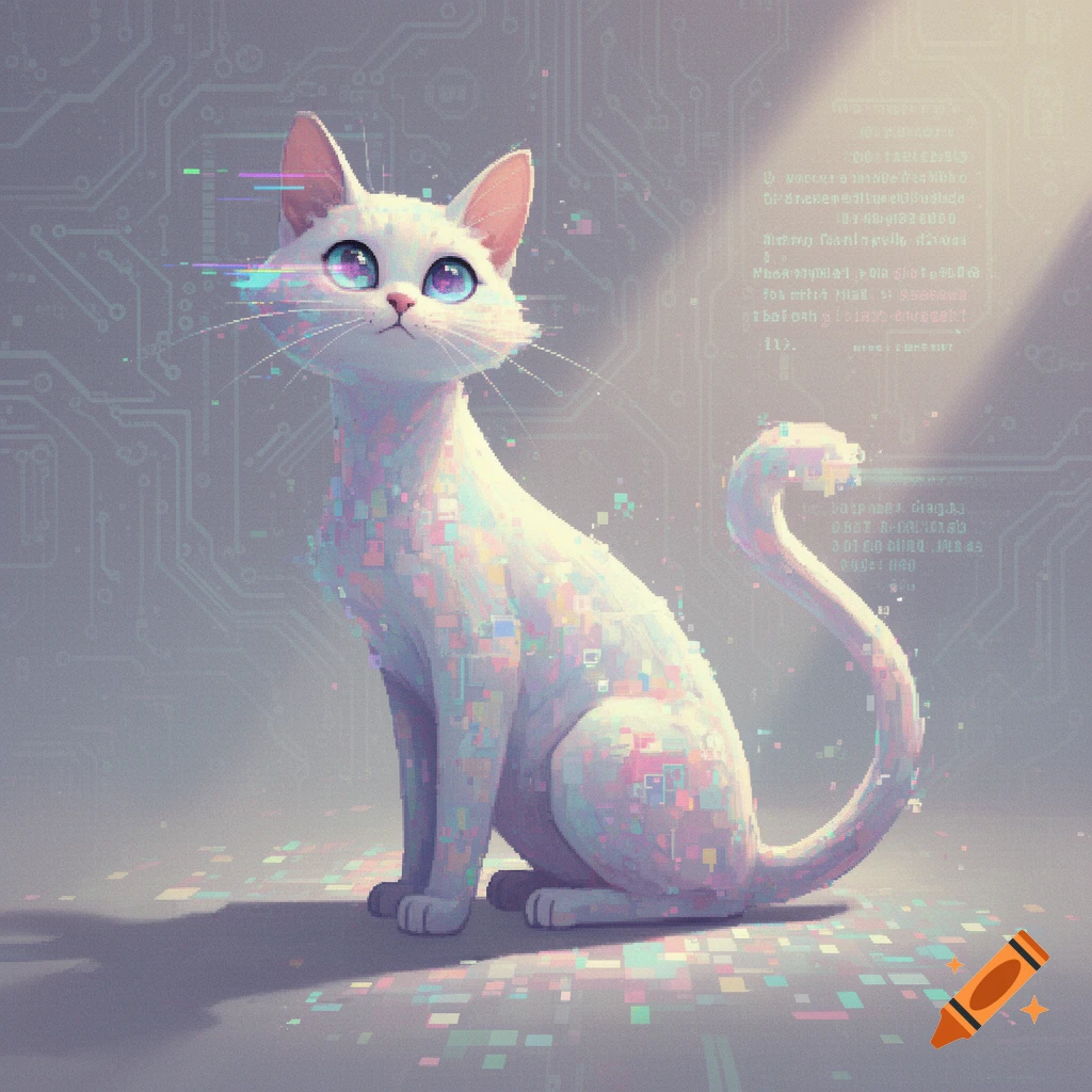 A white cat with pixelated fur and bright blue eyes sits in front of a circuit board background with glitched text, in an old AI style.