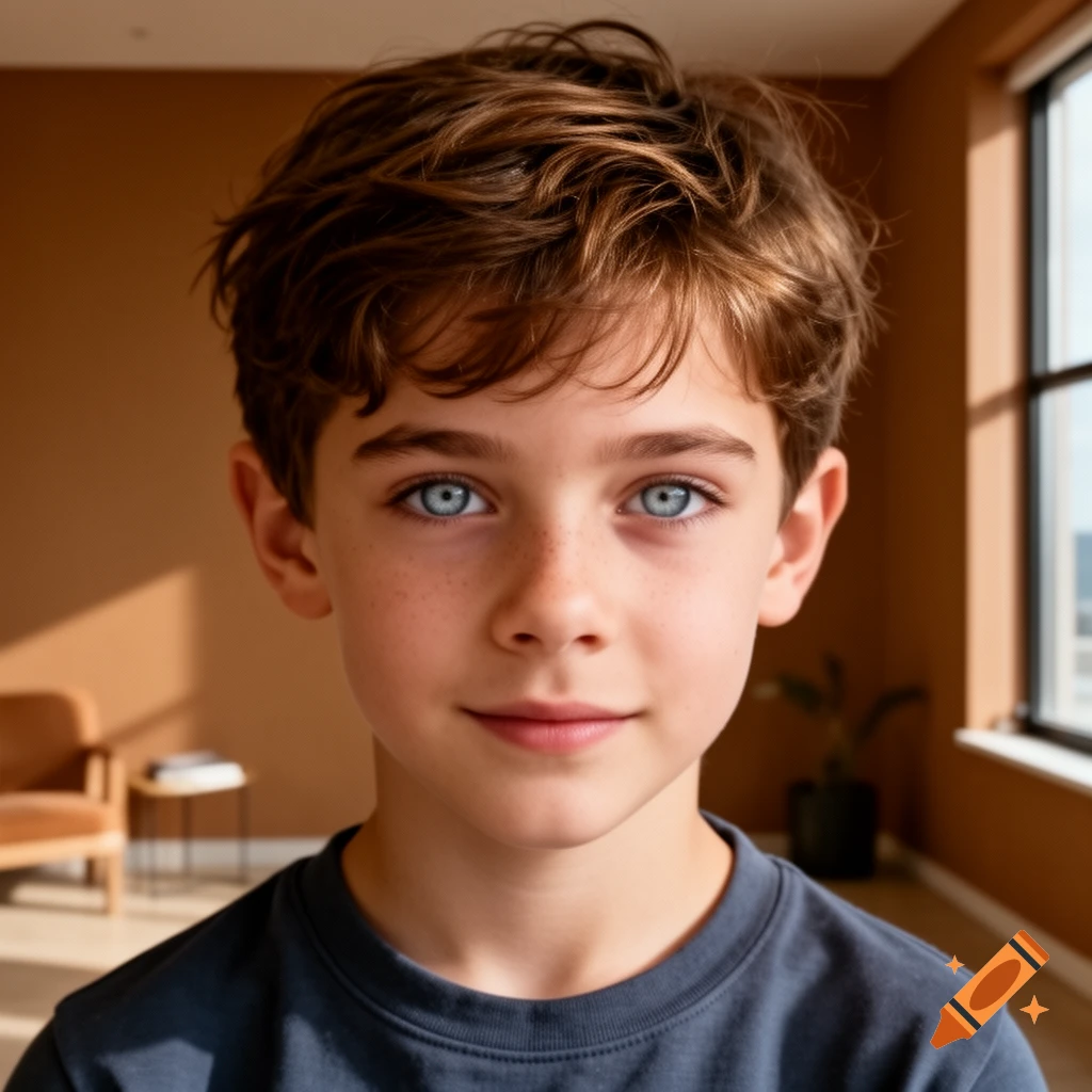 Photorealistic portrait of a young boy with brown wavy hair, bright blue eyes, and freckles, looking at the camera in a sunlit room.