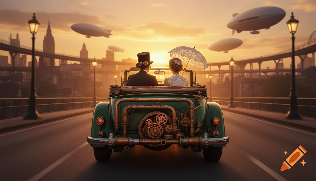Rear view of a couple in a steampunk convertible driving towards a sunset city skyline with blimps.