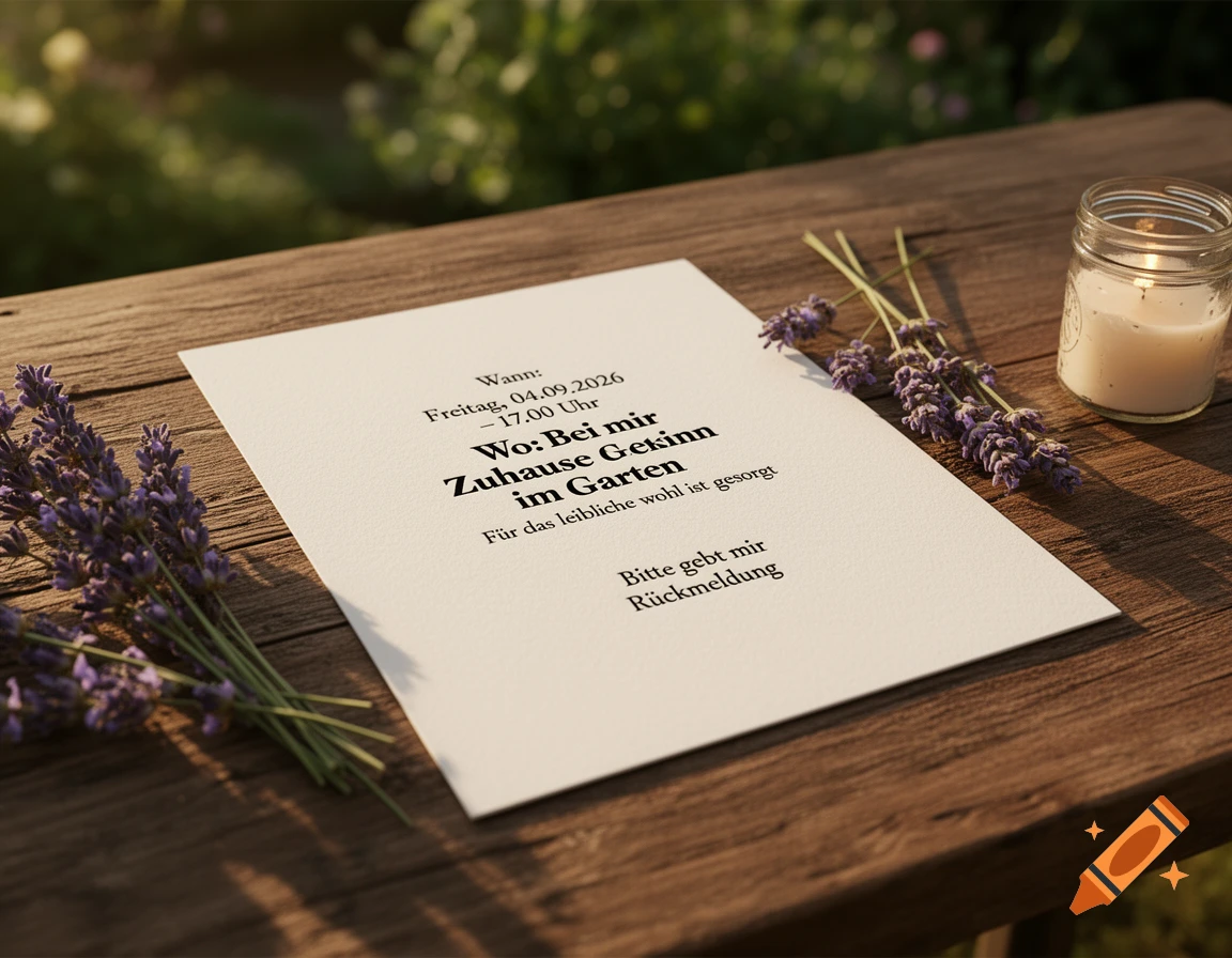 A close-up shot of a white invitation card with black German text resting on a rustic wooden table, flanked by fresh lavender sprigs and a lit candle in a jar, with a soft outdoor garden background.