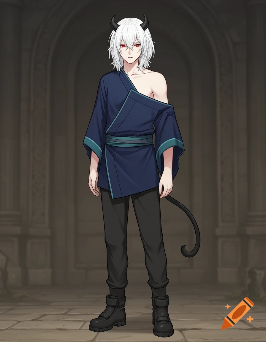 An anime-style fantasy character, a pale boy with white hair, red eyes, horns, and a tail, wearing a blue kimono top and black pants, standing in a stone archway.