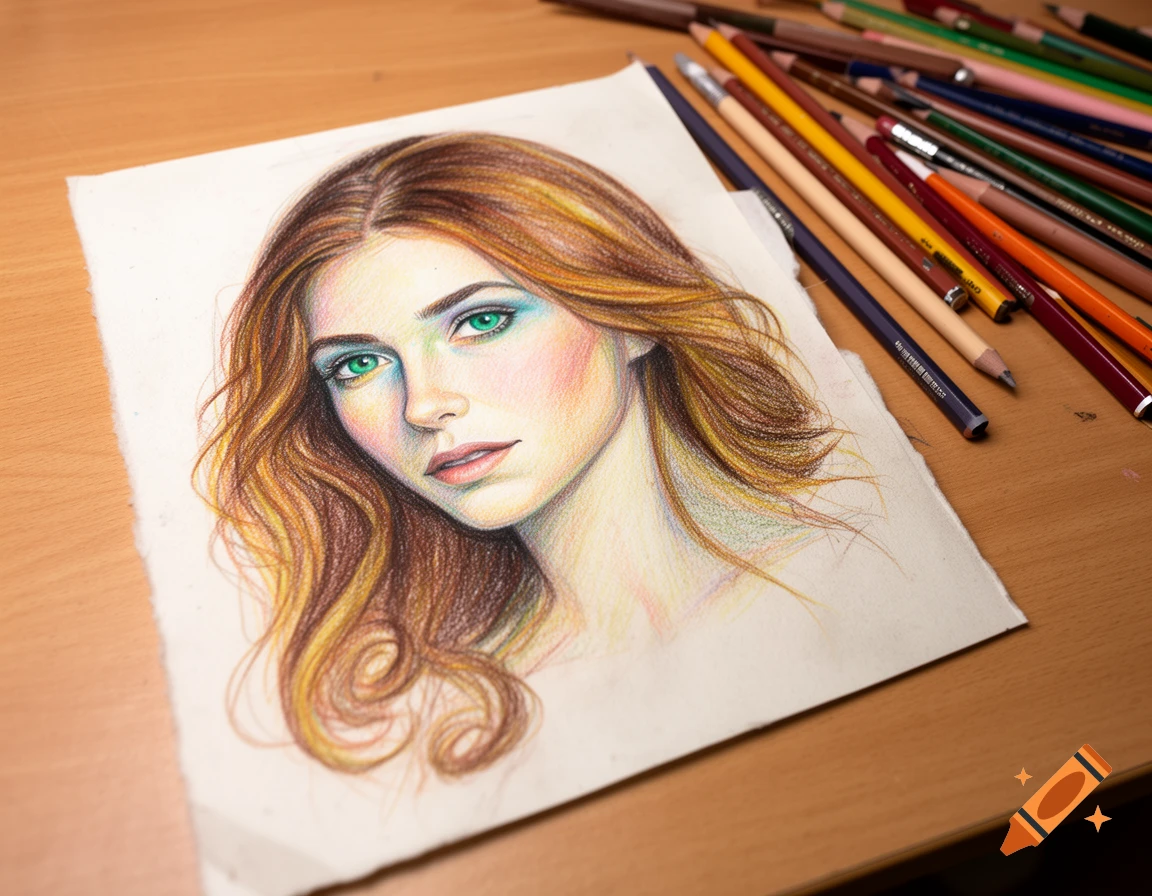 A colorful colored pencil drawing of a woman with long brown hair and green eyes, surrounded by colored pencils on a wooden desk.