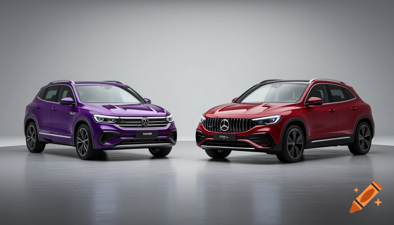 Two modern SUVs, a purple Volkswagen Tayron-like vehicle and a red Mercedes-Benz GLA-like vehicle, are parked side-by-side in a minimalist showroom.