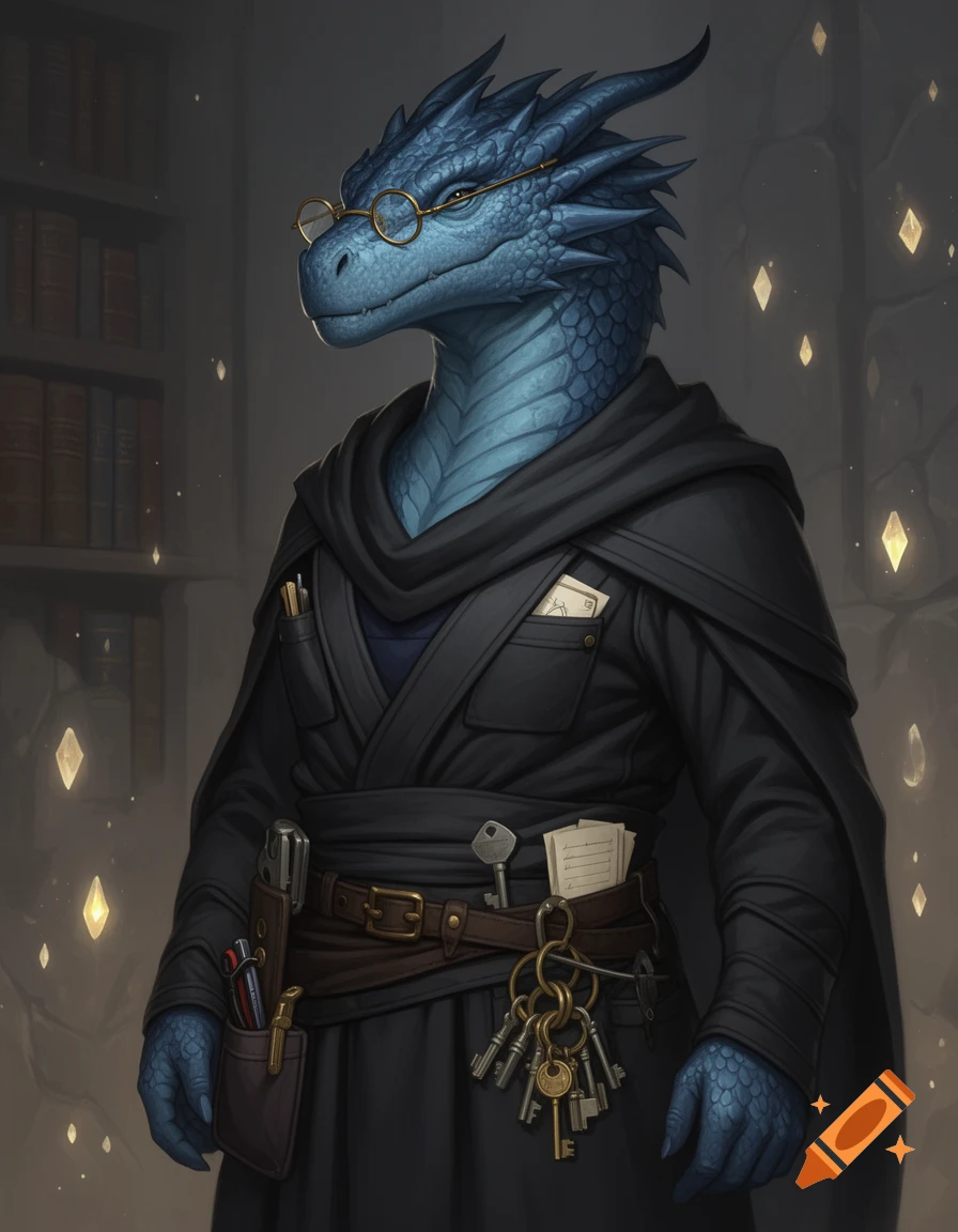 A blue dragonborn in dark robes and round spectacles, with keys hanging from their belt, stands in a library.