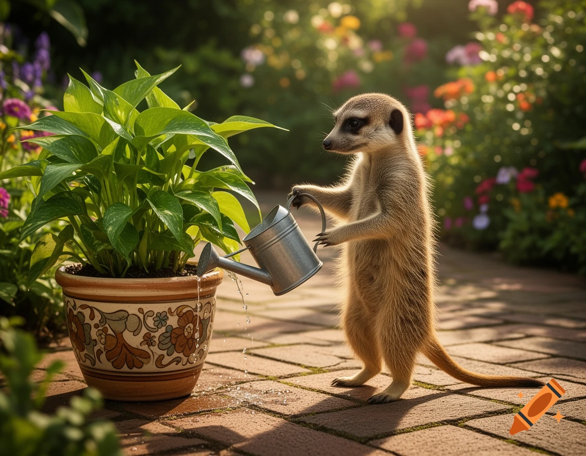 A photorealistic meerkat stands upright, watering a potted plant with a small watering can on a brick path in a sunlit garden.