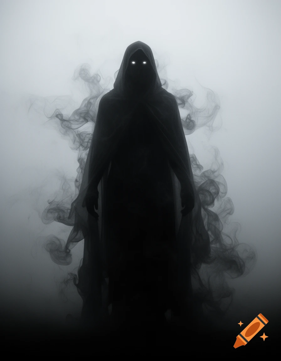 A dark, hooded figure with glowing white eyes stands in a misty, smokey environment, emanating dark wisps.