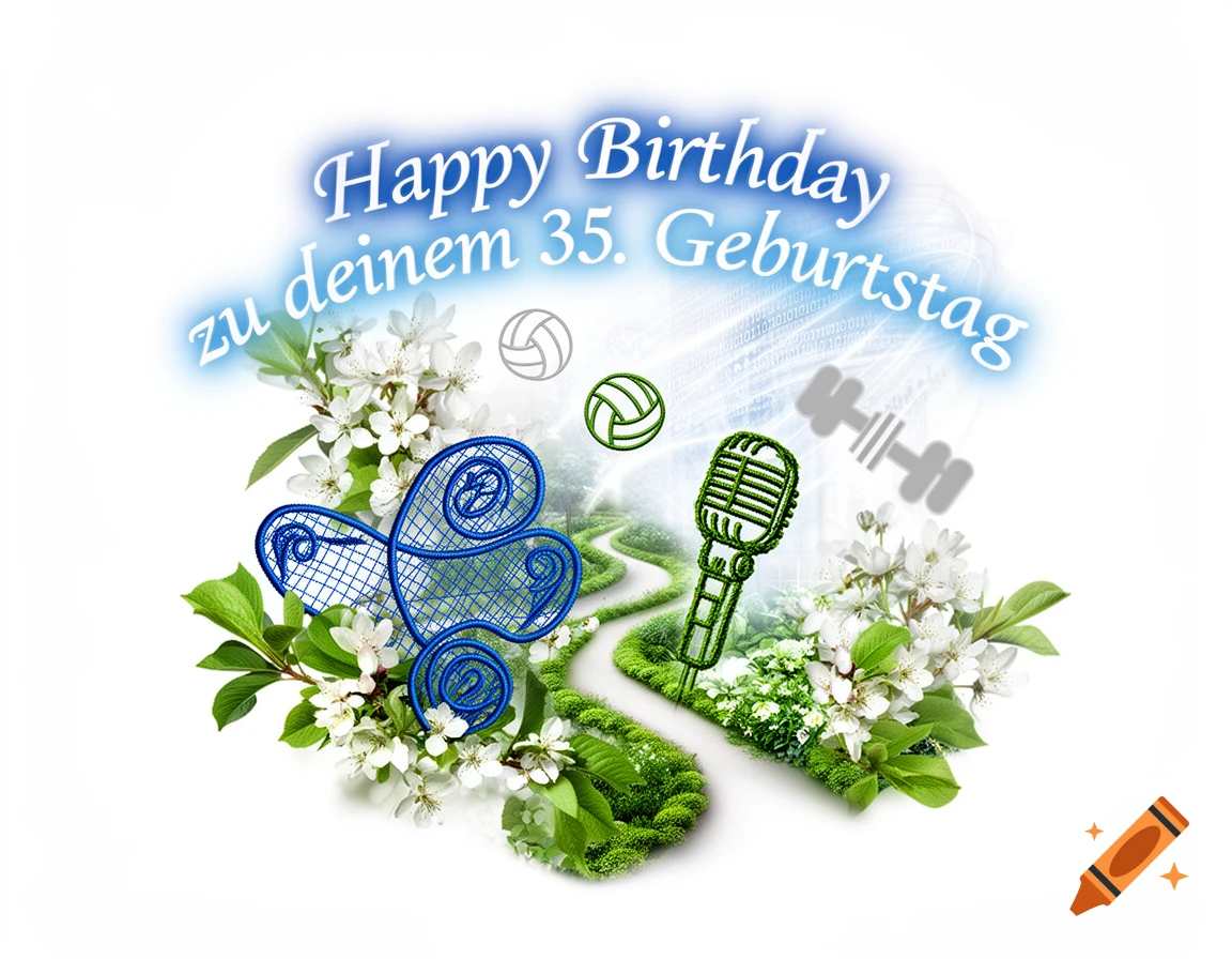 Birthday card with "Happy Birthday zu deinem 35. Geburtstag" text, flowers, path, microphone, sports equipment, and binary code.