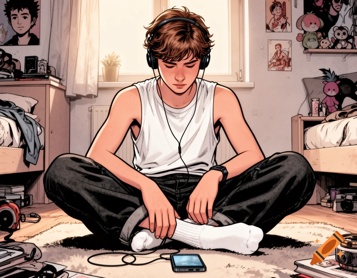 Comic-style image of a teenager sitting cross-legged on a rug in their room, wearing headphones and looking at a phone.