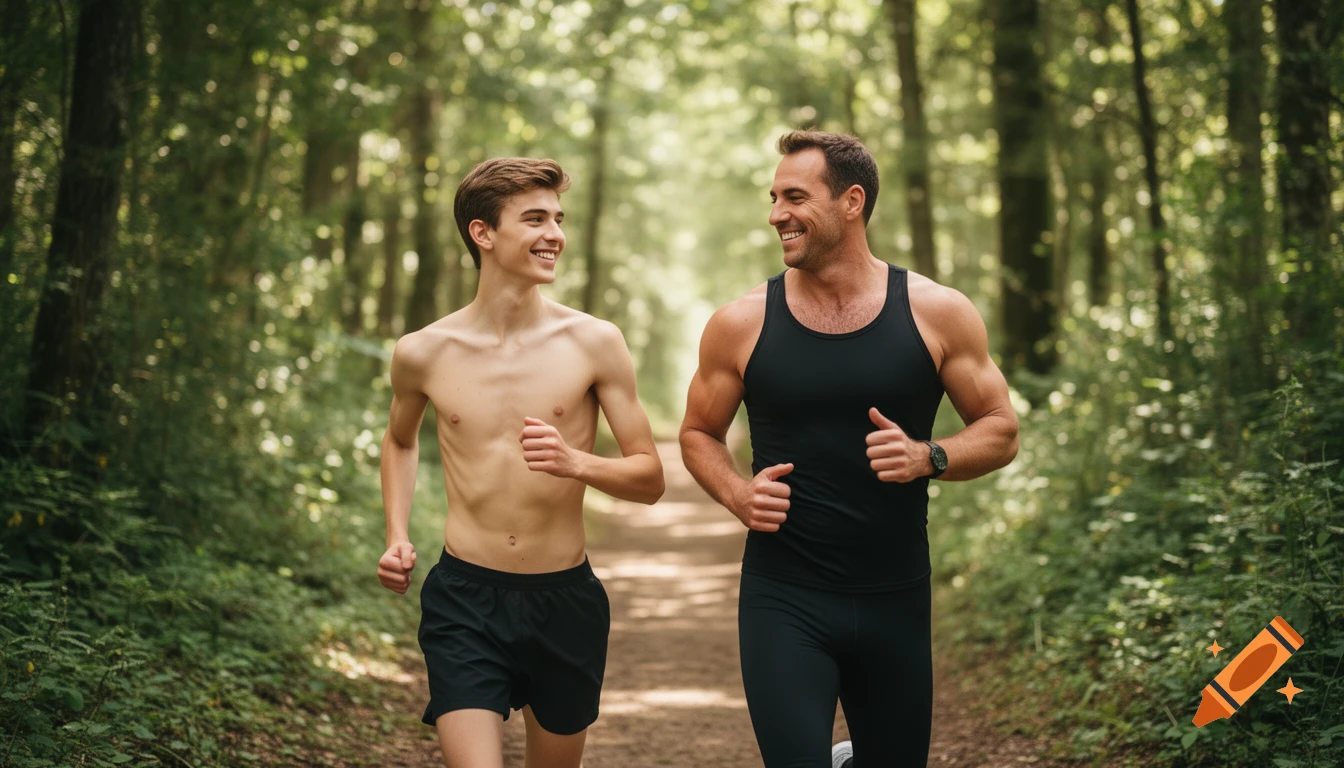 Two men, one shirtless and one in a tank top, jog together on a path in a sun-dappled forest.