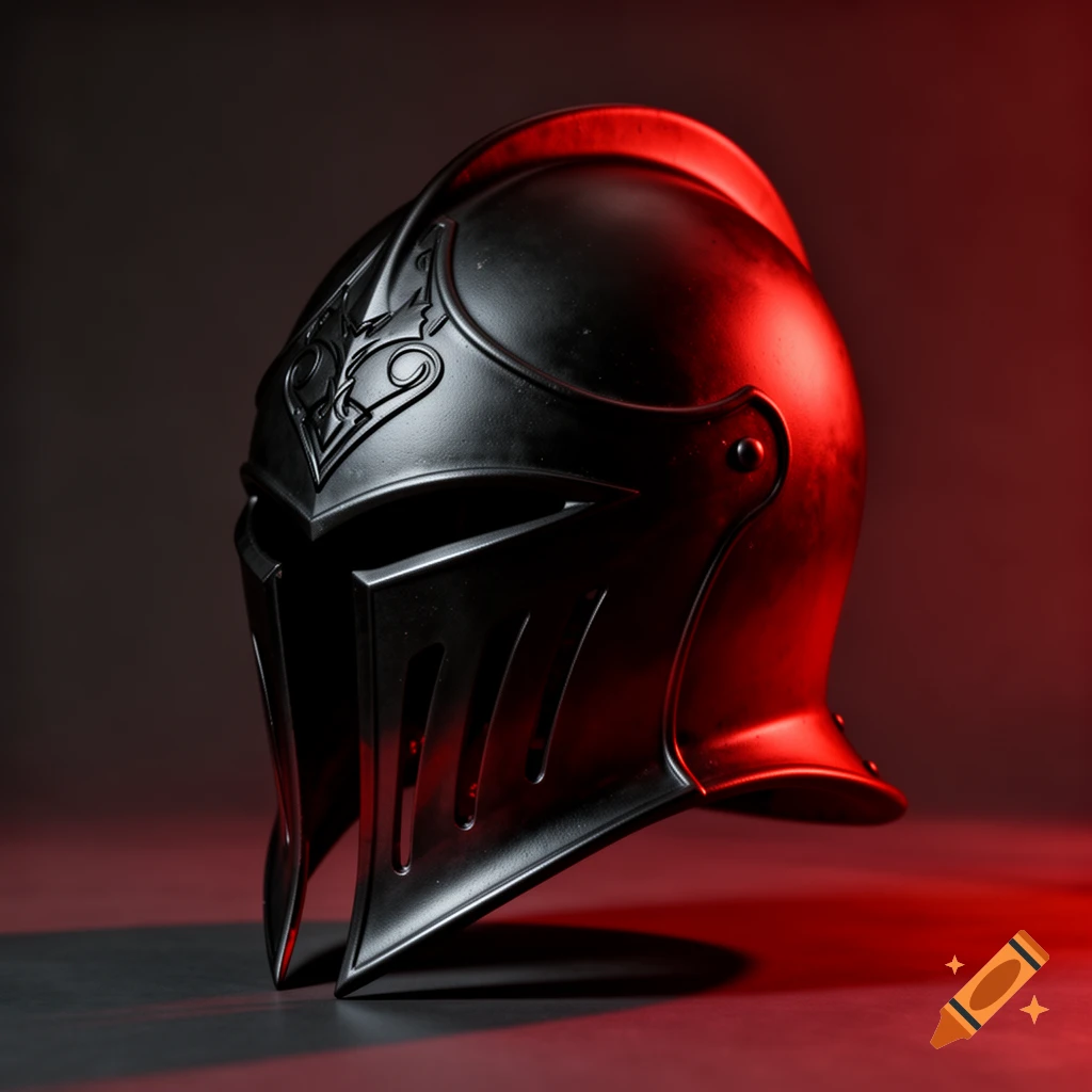 A black knight's helmet with ornate detailing, dramatically lit by red light from the right.