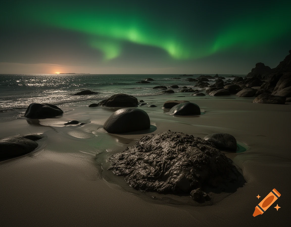 A dark, rocky beach under a vibrant green aurora borealis, with the sun setting on the distant horizon of the ocean.