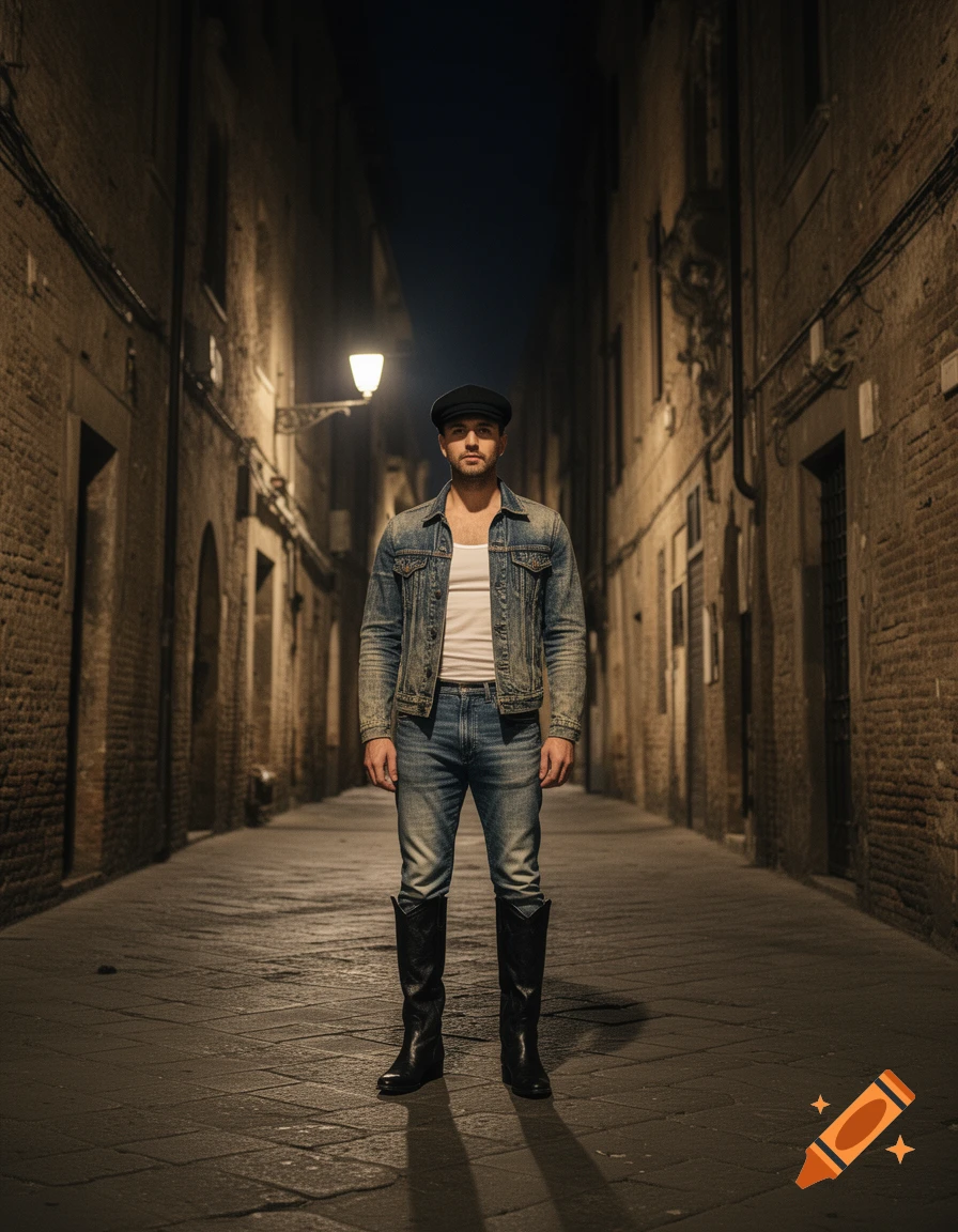 Photorealistic image of a man in a denim jacket and black cowboy boots standing in a dark, narrow alley at night.