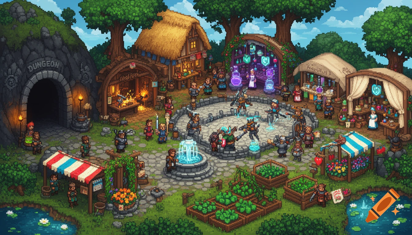 A vibrant pixel art RPG-style fantasy village market scene with a dungeon entrance, blacksmith, magic shop, PvP arena, and various stalls.