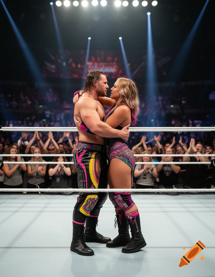 A male and female wrestler in colorful attire embrace in a spotlighted wrestling ring before a cheering crowd, photorealistic style.
